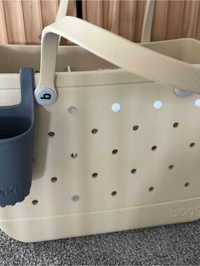 BOGG BAG Beige Perforated Tote with Gray Cup Accessory and blue topper included